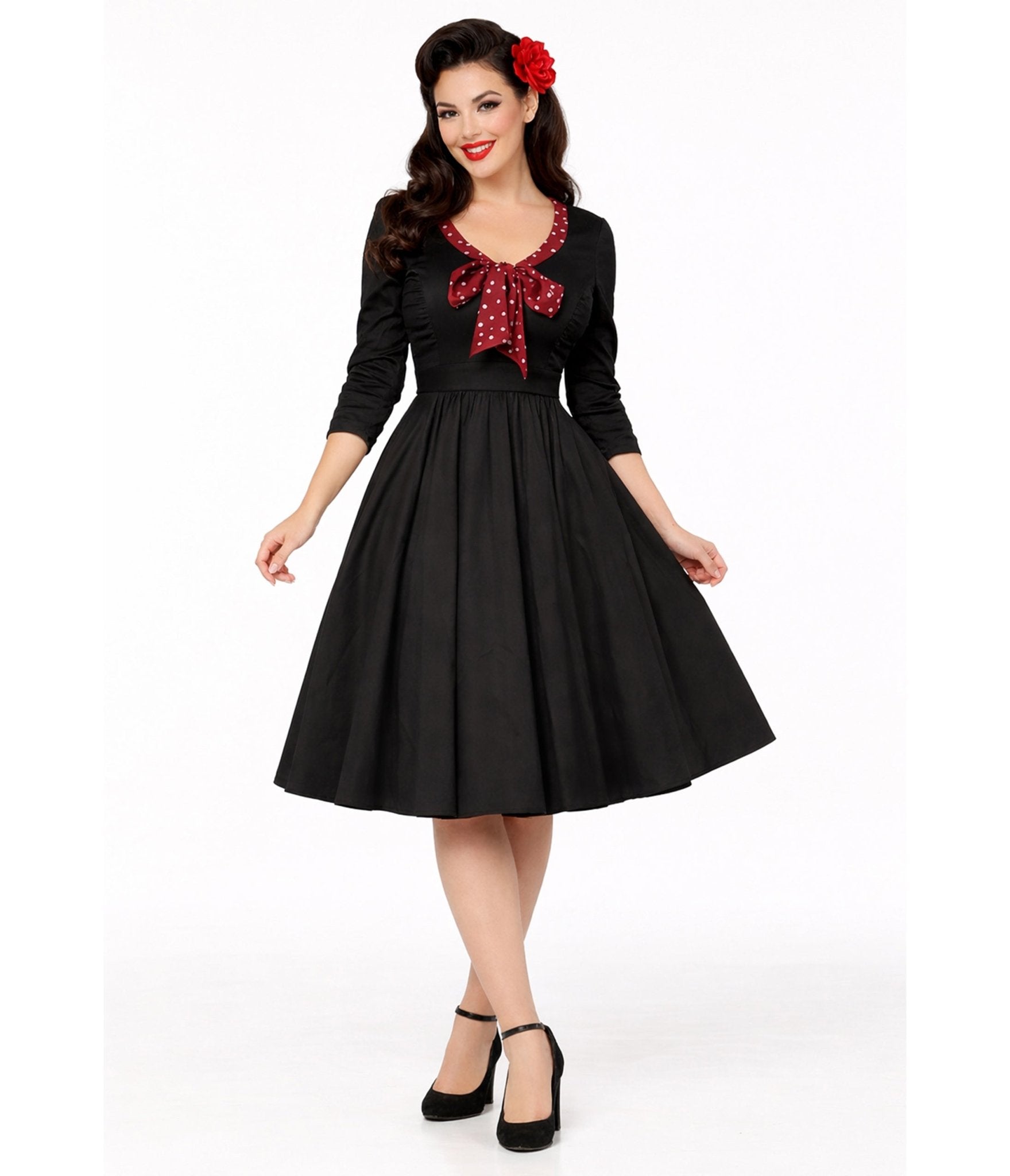 Black & Red Polka Dot Bow Swing Dress - Unique Vintage - Womens, DRESSES, SWING