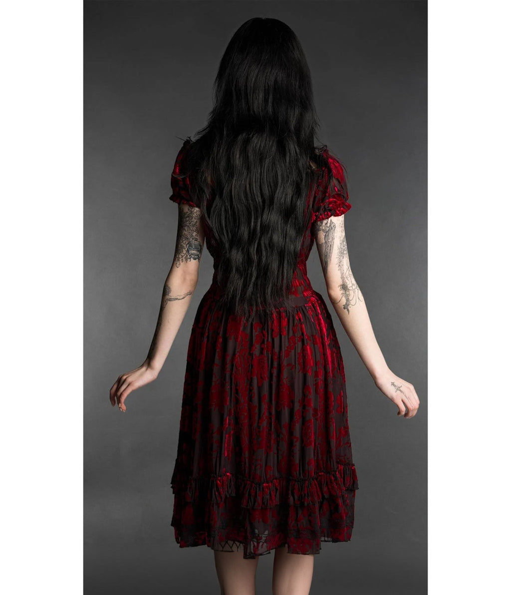 Black & Red Rose Floral Velvet Gothabilly Ruffle Midi Dress - Unique Vintage - Midi Dresses