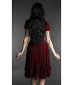 Black & Red Rose Floral Velvet Gothabilly Ruffle Midi Dress - Unique Vintage - Midi Dresses