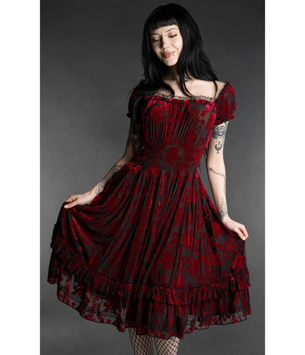 Black & Red Rose Floral Velvet Gothabilly Ruffle Midi Dress - Unique Vintage - Midi Dresses