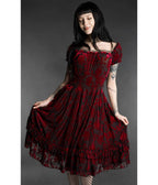 Black & Red Rose Floral Velvet Gothabilly Ruffle Midi Dress - Unique Vintage - Midi Dresses