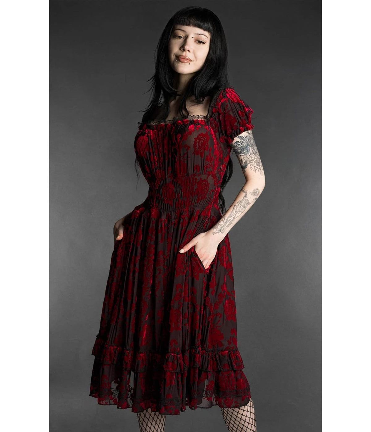 Black & Red Rose Floral Velvet Gothabilly Ruffle Midi Dress - Unique Vintage - Midi Dresses