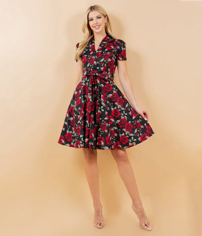 Black & Red Rose Print Cotton Flare Dress - Unique Vintage - Womens, DRESSES, FIT AND FLARE