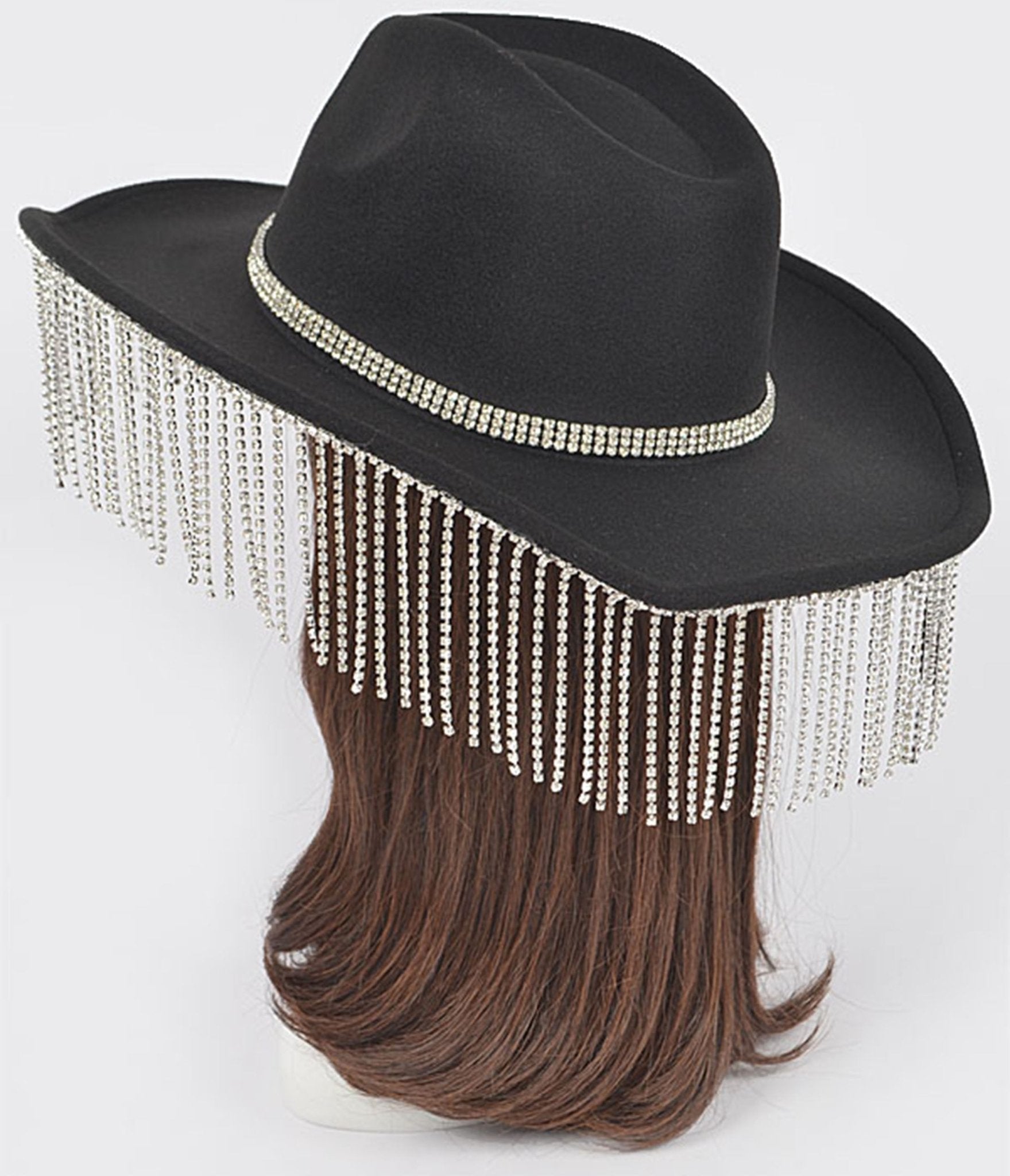 Black Rhinestone Fringe Cowboy Hat - Unique Vintage - Womens, ACCESSORIES, HATS