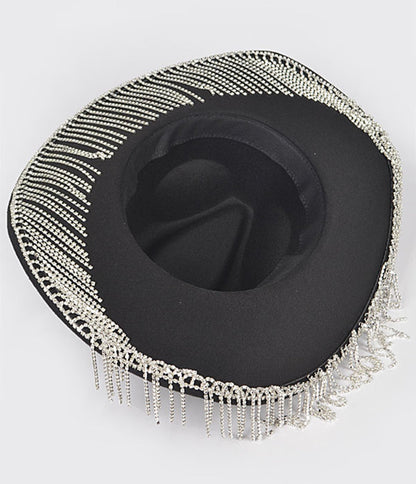 Black Rhinestone Fringe Cowboy Hat - Unique Vintage - Womens, ACCESSORIES, HATS