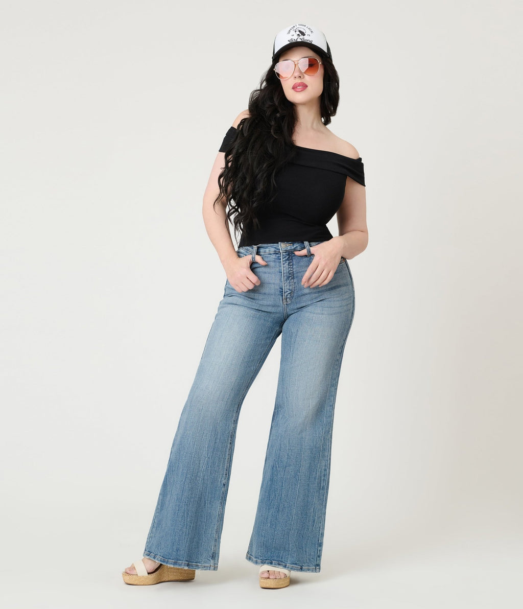 Black Ribbed Knit Off The Shoulder Top - Unique Vintage - Womens, TOPS, KNIT TOPS