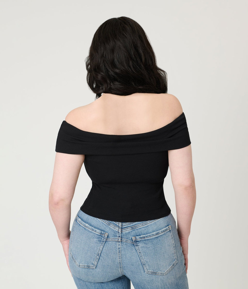 Black Ribbed Knit Off The Shoulder Top - Unique Vintage - Womens, TOPS, KNIT TOPS