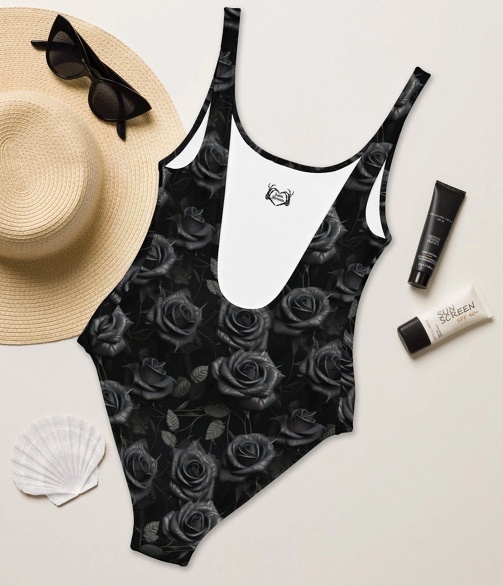 Black Rose One Piece Swimsuit - Unique Vintage - Womens, SWIM, 1 PC