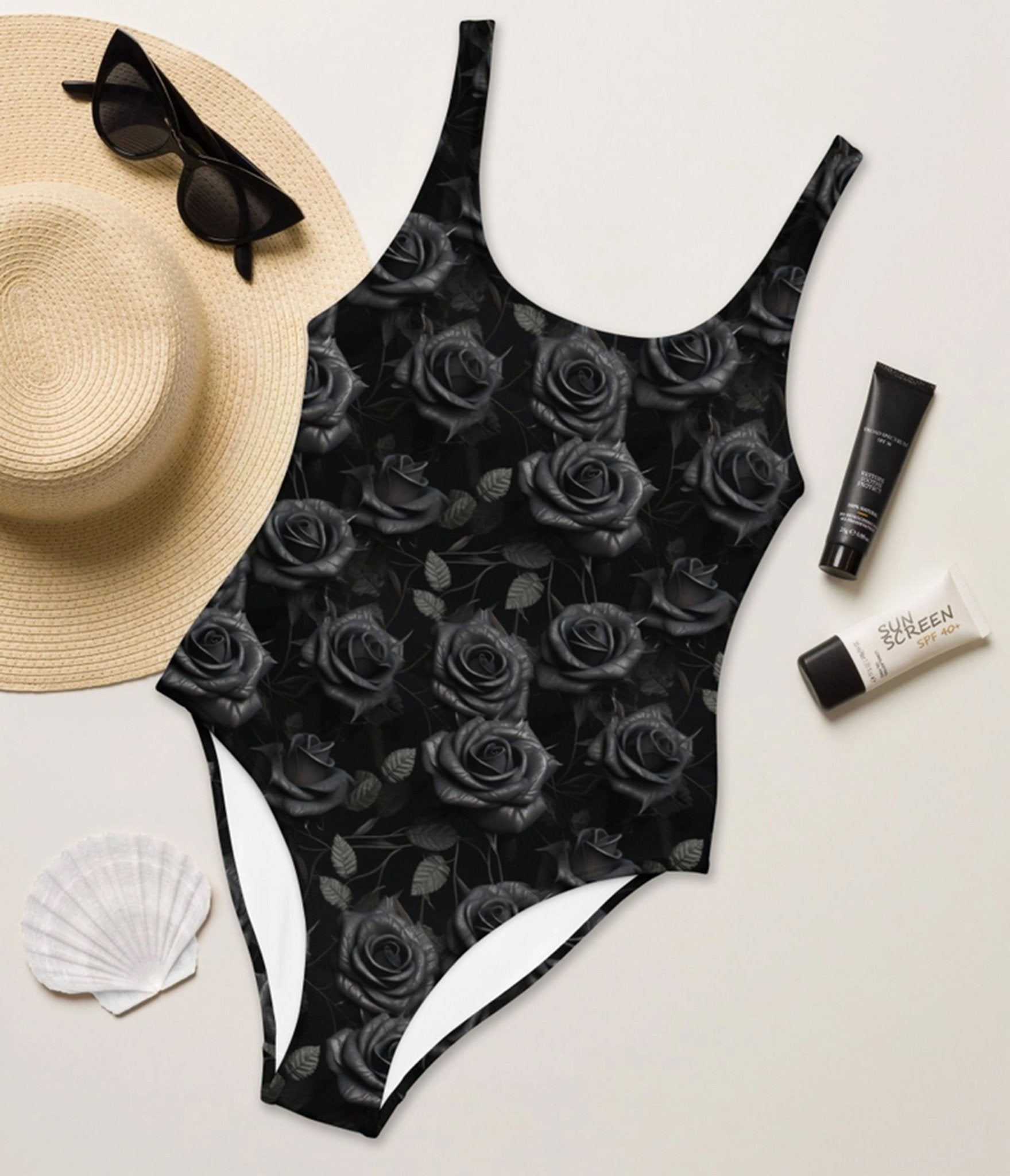 Black Rose One Piece Swimsuit - Unique Vintage - Womens, SWIM, 1 PC