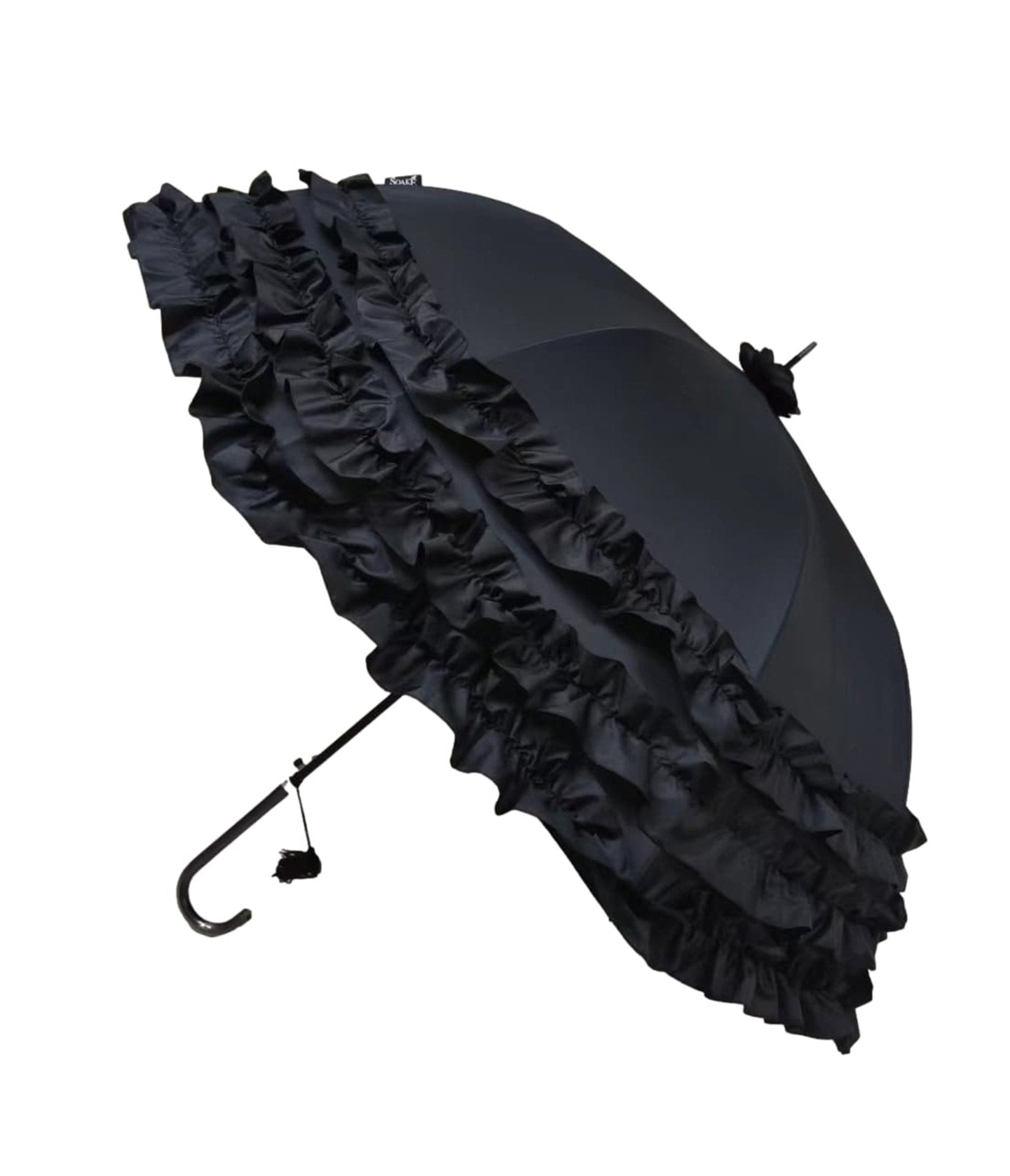Black Ruffle Frill Umbrella - Unique Vintage - Womens, ACCESSORIES, UMBRELLAS