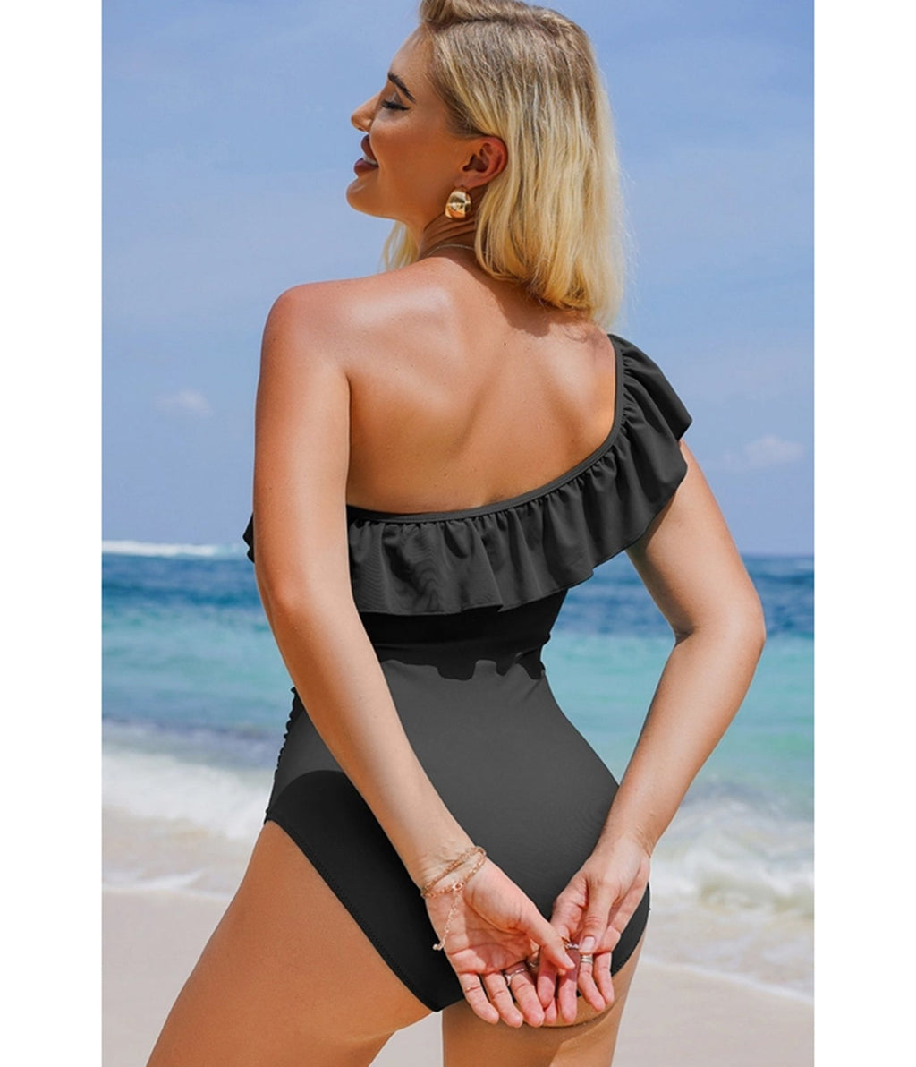 Black Ruffle Trim Asymmetric Neck One Piece Swimsuit Small