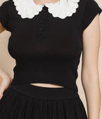 Black Ruffled Collar Blouse - Unique Vintage - Womens, TOPS, KNIT TOPS