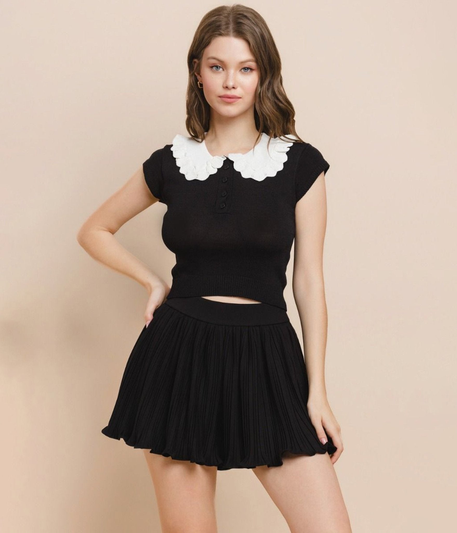 Black Ruffled Collar Blouse - Unique Vintage - Womens, TOPS, KNIT TOPS