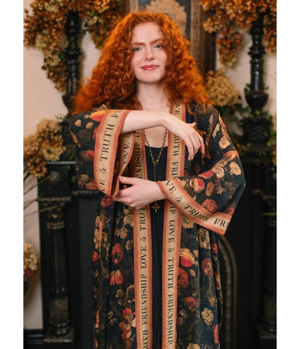 Black Sacred Heart Floral Print Kimono - Unique Vintage - Womens, ACCESSORIES, SLIPS