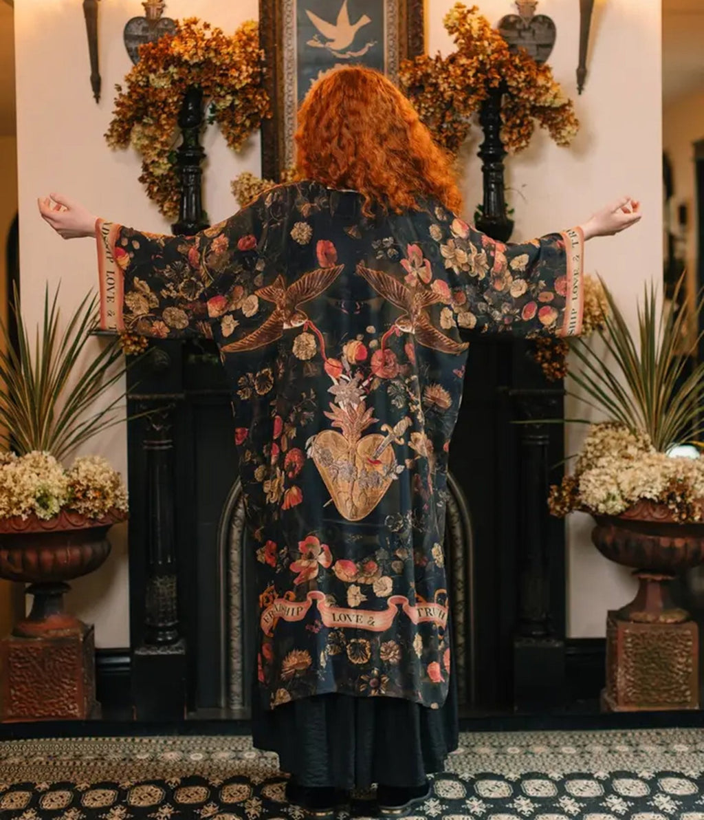 Black Sacred Heart Floral Print Kimono - Unique Vintage - Womens, ACCESSORIES, SLIPS