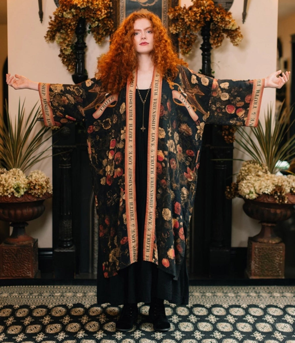 Black Sacred Heart Floral Print Kimono - Unique Vintage - Womens, ACCESSORIES, SLIPS