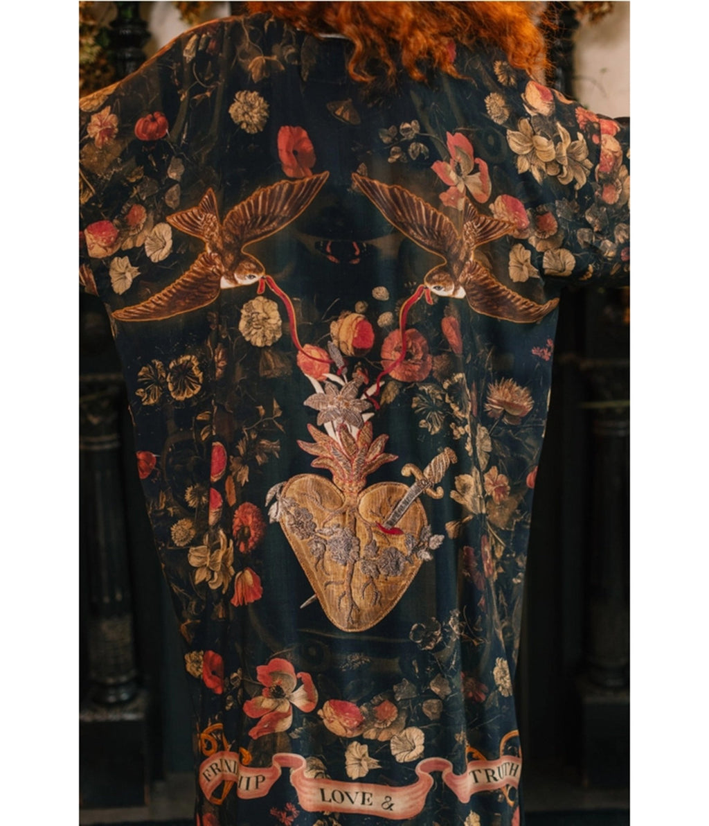 Black Sacred Heart Floral Print Kimono - Unique Vintage - Womens, ACCESSORIES, SLIPS