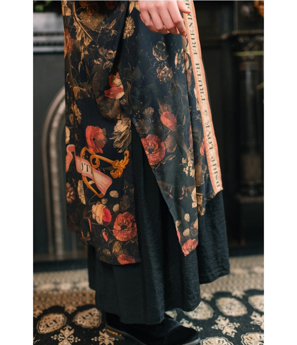 Black Sacred Heart Floral Print Kimono - Unique Vintage - Womens, ACCESSORIES, SLIPS