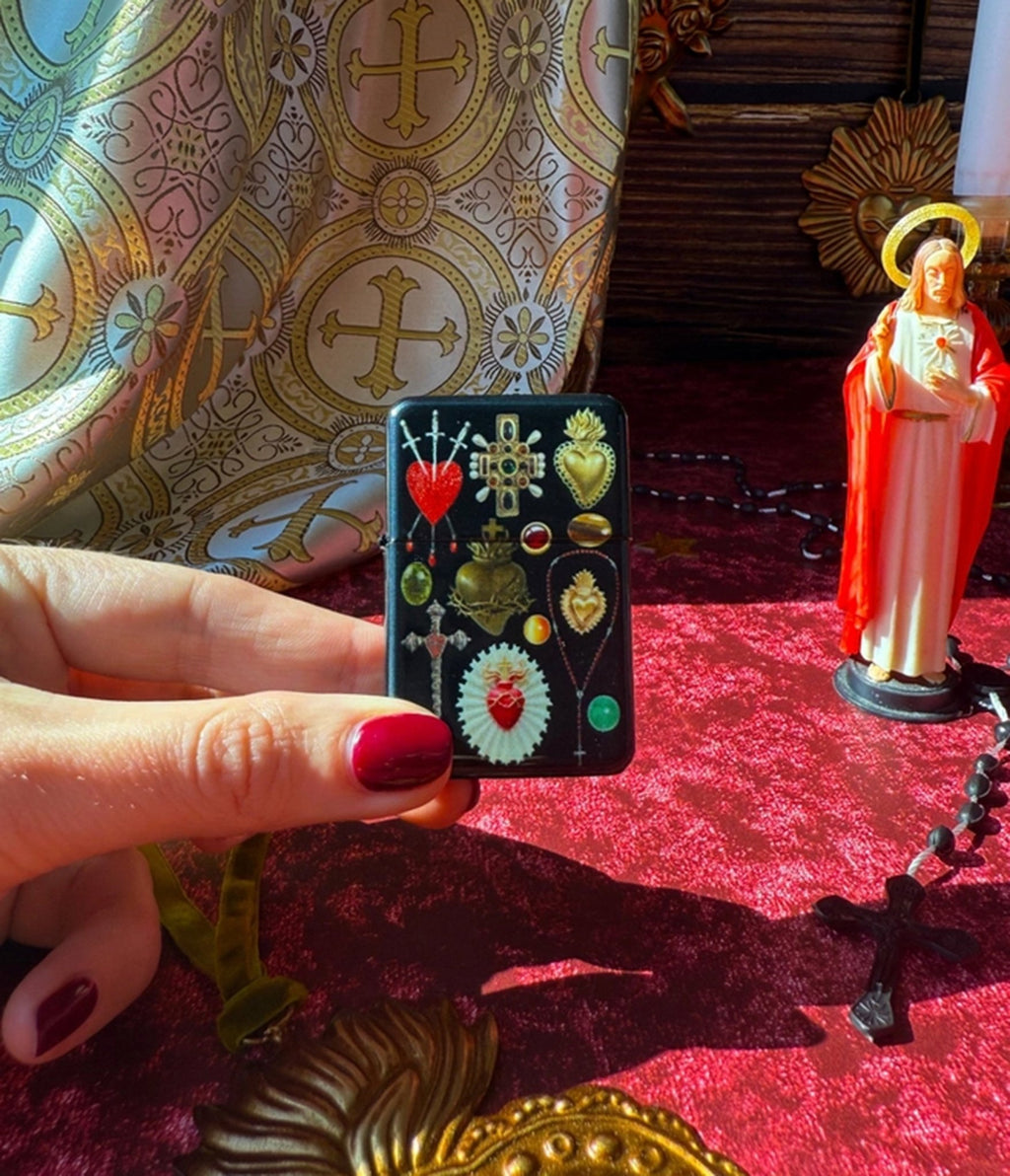 Black Sacred Heart Print Pocket Lighter - Unique Vintage - Womens, ACCESSORIES, GIFTS/HOME