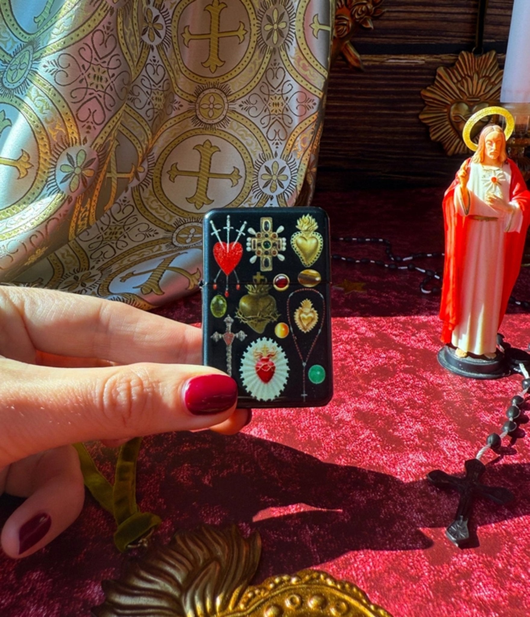 Black Sacred Heart Print Pocket Lighter - Unique Vintage - Womens, ACCESSORIES, GIFTS/HOME
