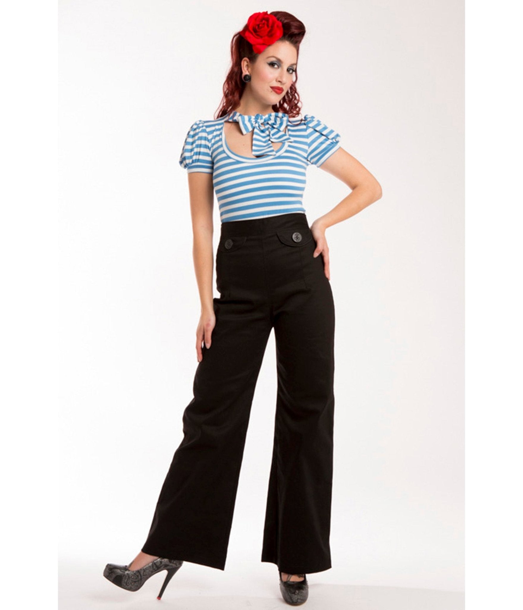 Black Sailor Pants - Unique Vintage - Womens, BOTTOMS, PANTS