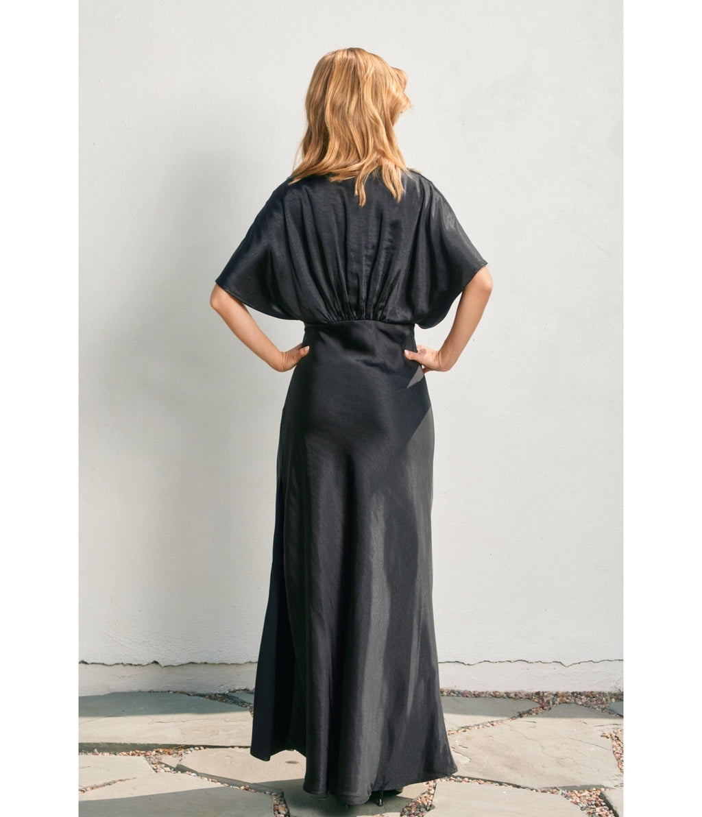 Black Satin Blouson Maxi Dress - Unique Vintage - 