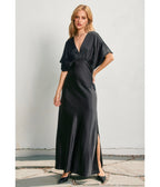 Black Satin Blouson Maxi Dress - Unique Vintage - 