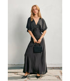 Black Satin Blouson Maxi Dress - Unique Vintage - 