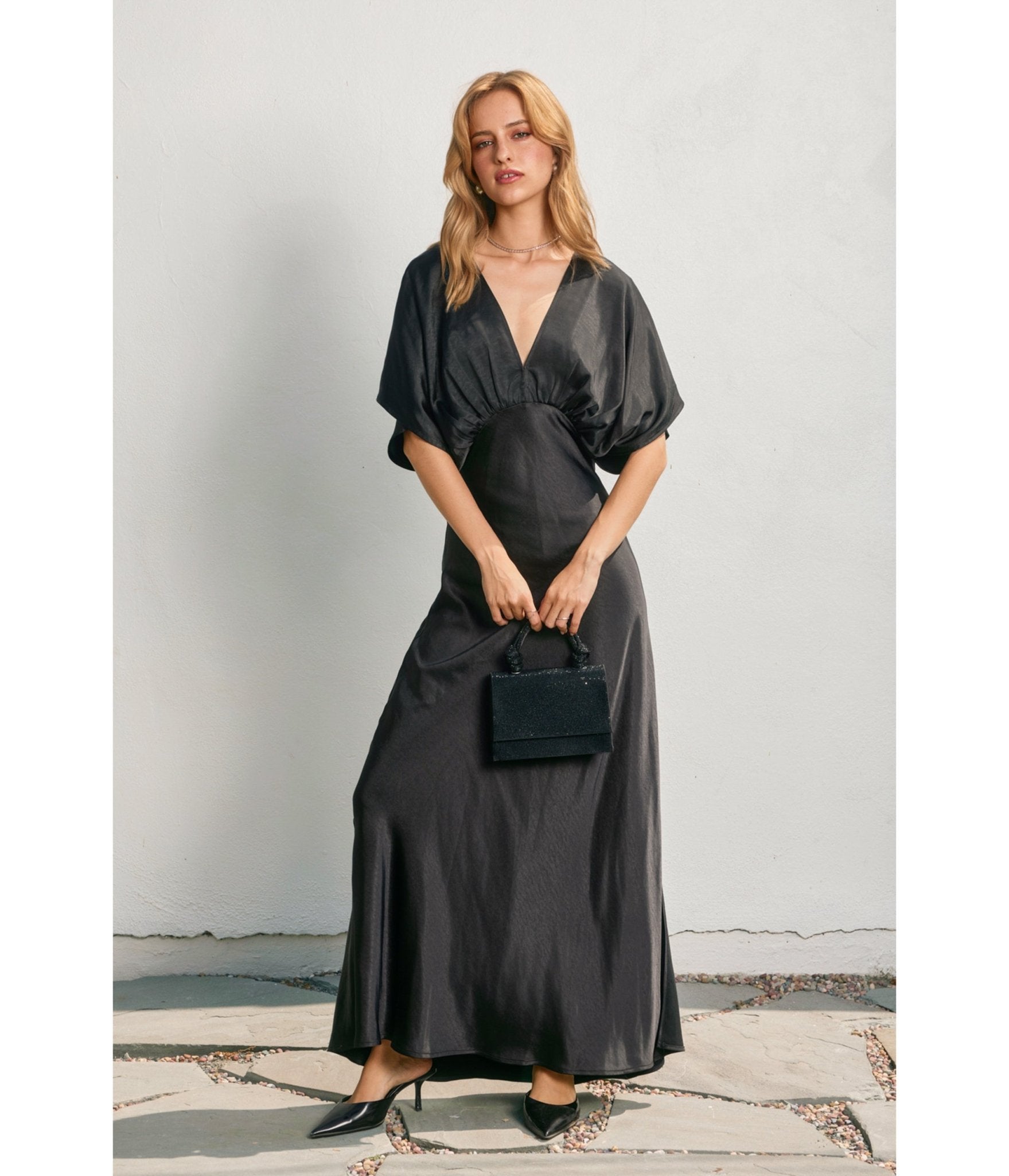 Black Satin Blouson Maxi Dress - Unique Vintage - 