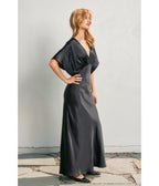 Black Satin Blouson Maxi Dress - Unique Vintage - 