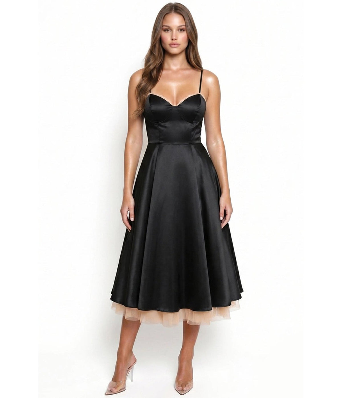 Black Satin & Blush Pink Layered Tulle Midi Dress - Unique Vintage - Midi Dresses