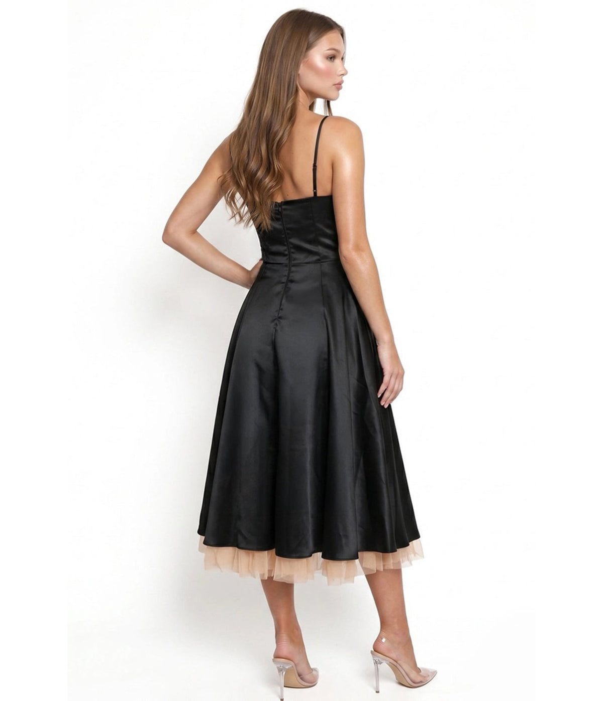 Black Satin & Blush Pink Layered Tulle Midi Dress - Unique Vintage - Midi Dresses
