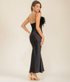 Black Satin & Feather Midi Dress - Unique Vintage - Womens, DRESSES, MIDI