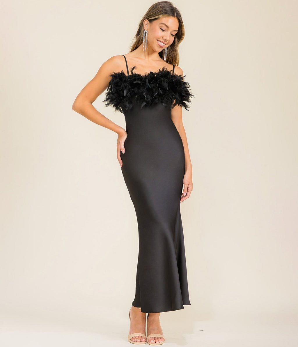 Black Satin & Feather Midi Dress - Unique Vintage - Womens, DRESSES, MIDI