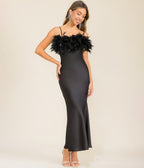 Black Satin & Feather Midi Dress - Unique Vintage - Womens, DRESSES, MIDI