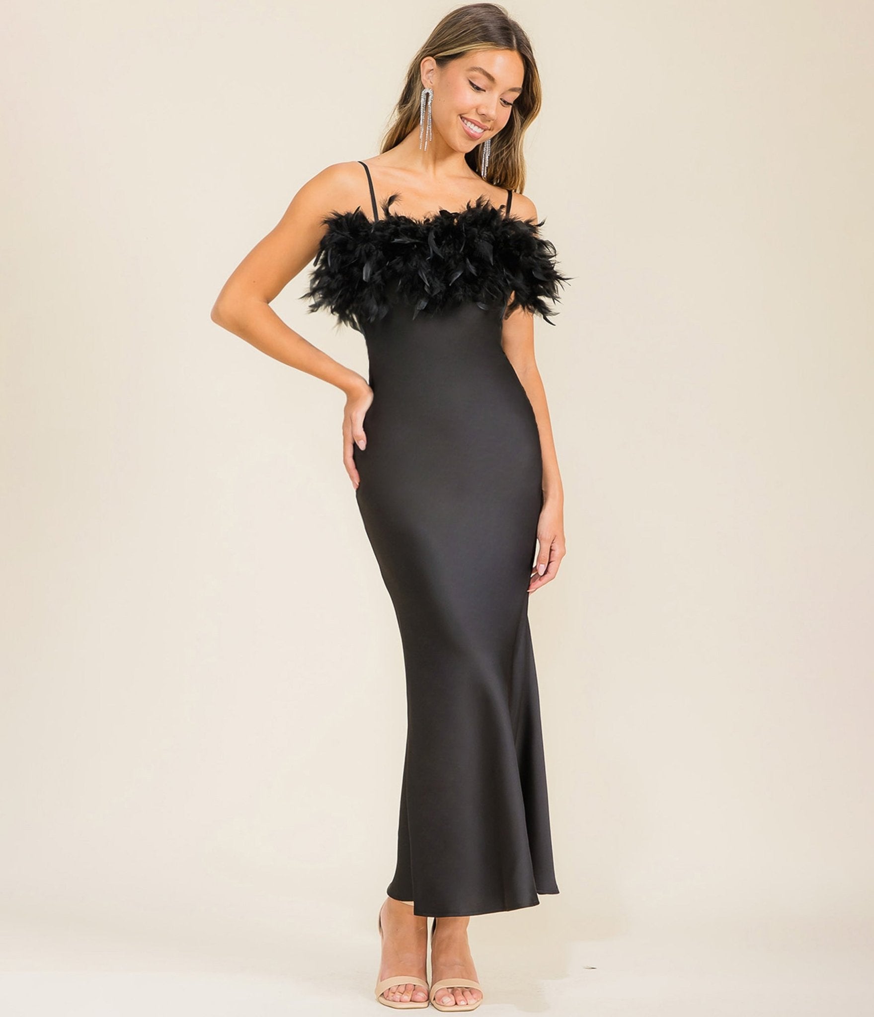 Black Satin & Feather Midi Dress - Unique Vintage - Womens, DRESSES, MIDI