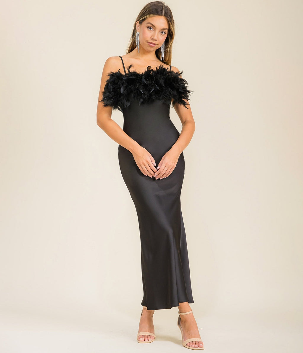 Black Satin & Feather Midi Dress Unique Vintage Black Satin & Feather Midi Dress Unique Vintage