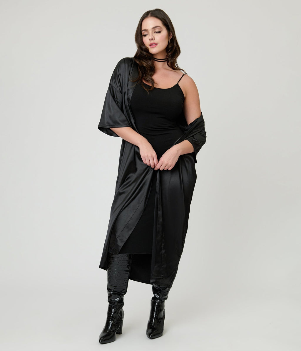 Black Satin Kimono - Unique Vintage - Womens, TOPS, Loungewear