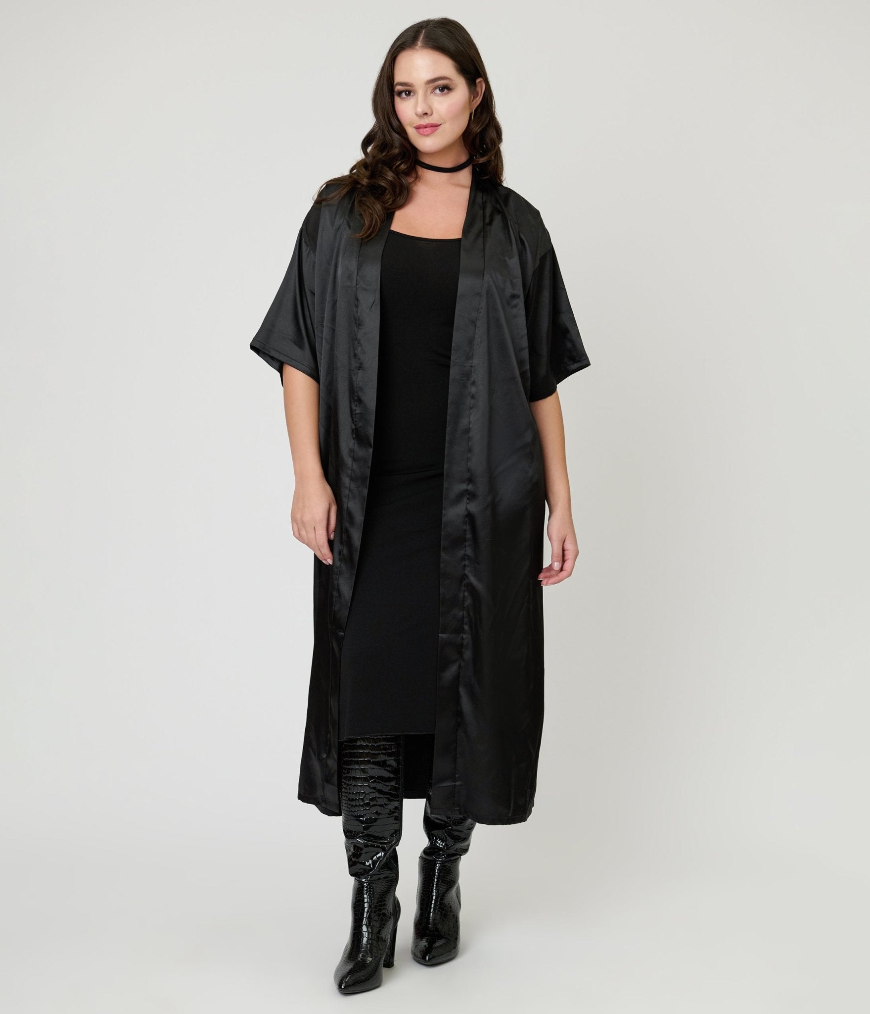 Black Satin Kimono - Unique Vintage - Womens, TOPS, Loungewear