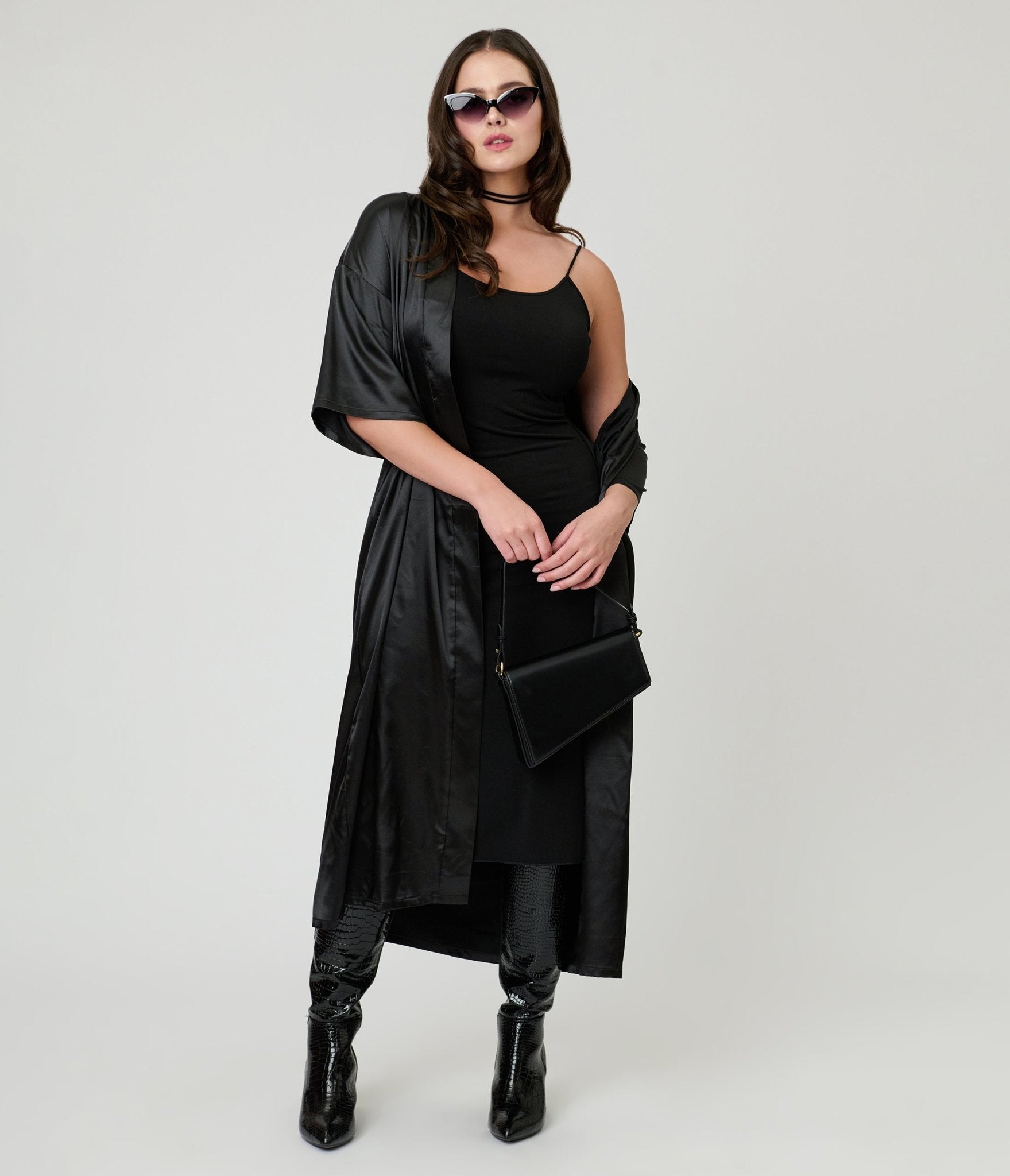 Black Satin Kimono - Unique Vintage - Womens, TOPS, Loungewear