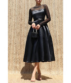 Black Satin Long Sleeve Belted Midi Dress - Unique Vintage - Midi Dresses