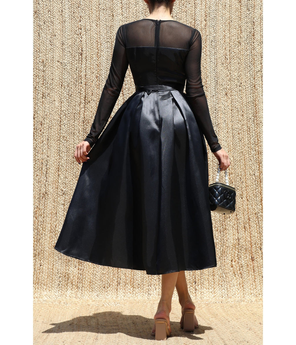 Black Satin Long Sleeve Belted Midi Dress - Unique Vintage - Midi Dresses