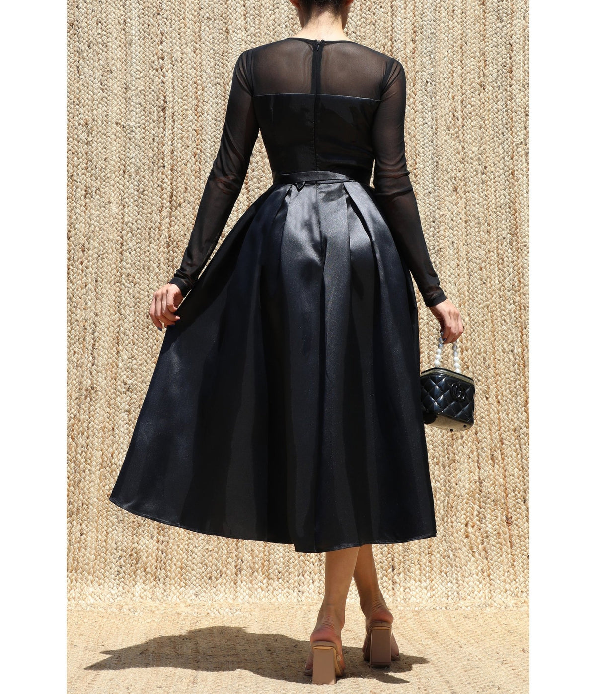 Black Satin Long Sleeve Belted Midi Dress - Unique Vintage - Midi Dresses