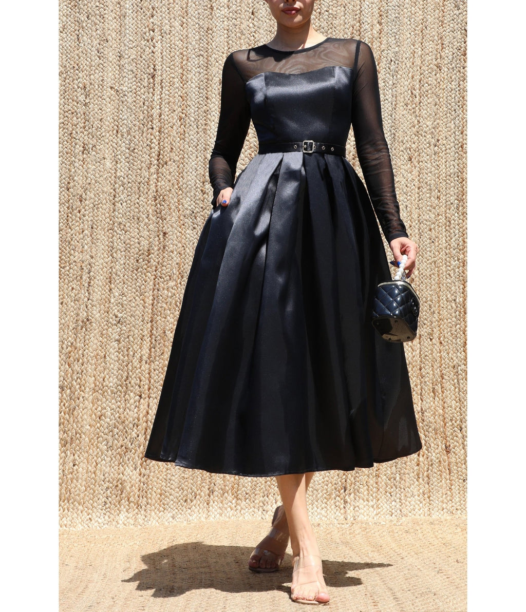 Black Satin Long Sleeve Belted Midi Dress - Unique Vintage - Midi Dresses