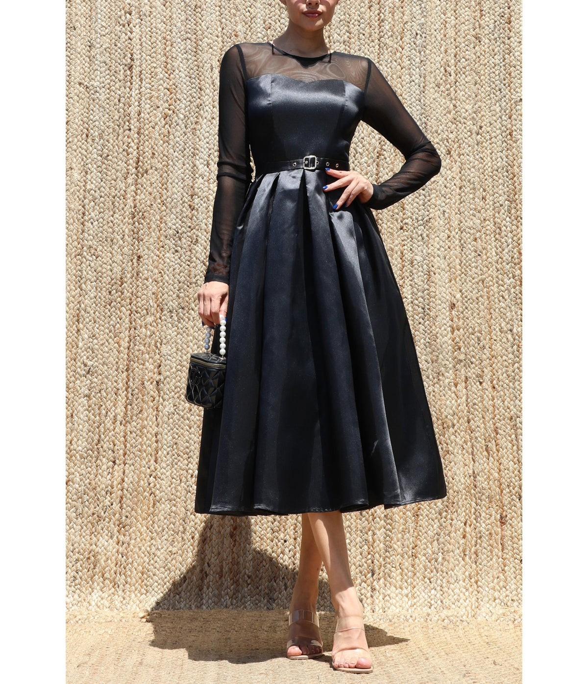 Black Satin Long Sleeve Belted Midi Dress - Unique Vintage - Midi Dresses
