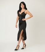 Black Satin Midi Bridesmaids Dress - Unique Vintage - Womens, DRESSES, PROM AND SPECIAL OCCASION