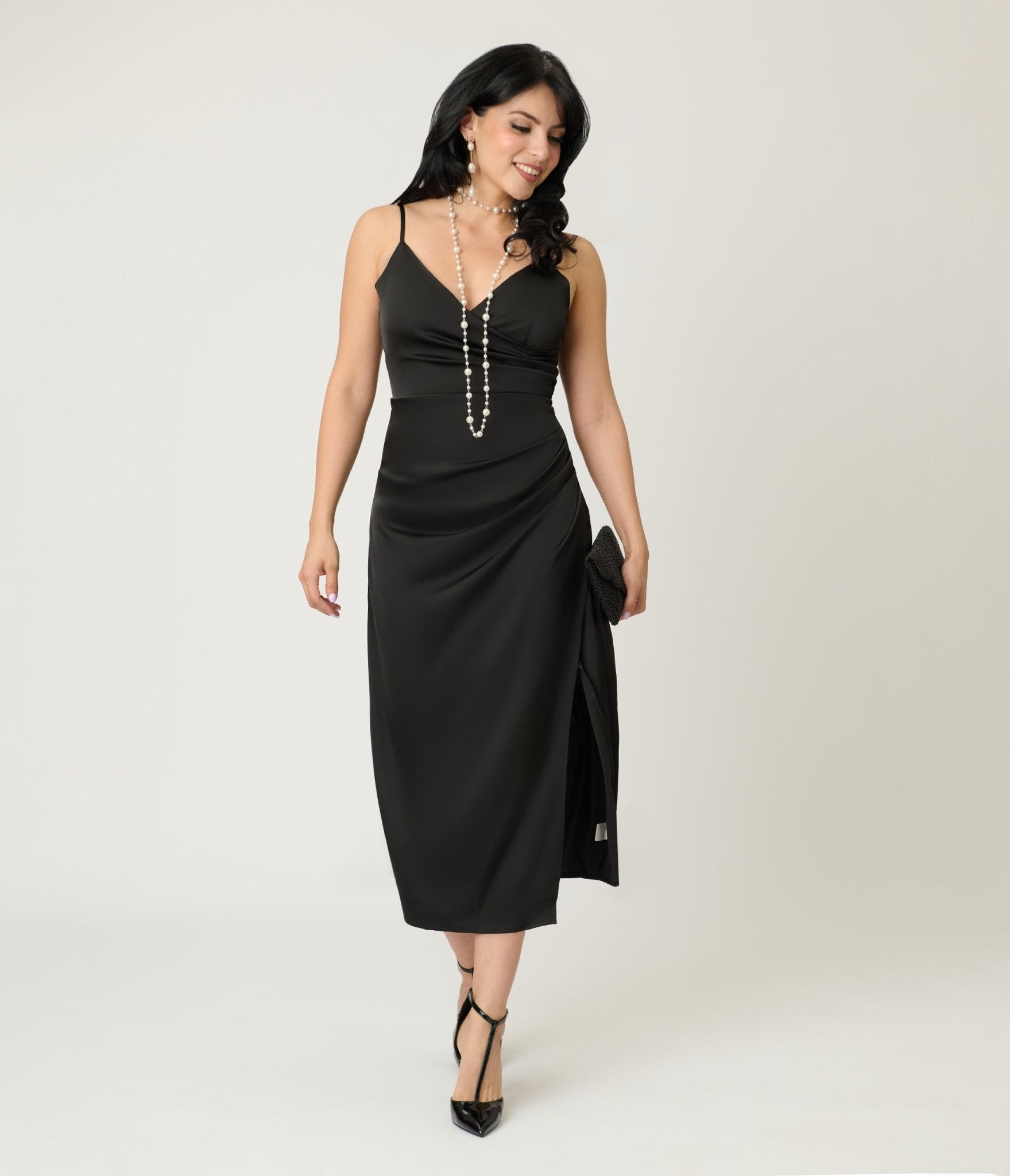 Black Satin Midi Bridesmaids Dress - Unique Vintage - Womens, DRESSES, PROM AND SPECIAL OCCASION