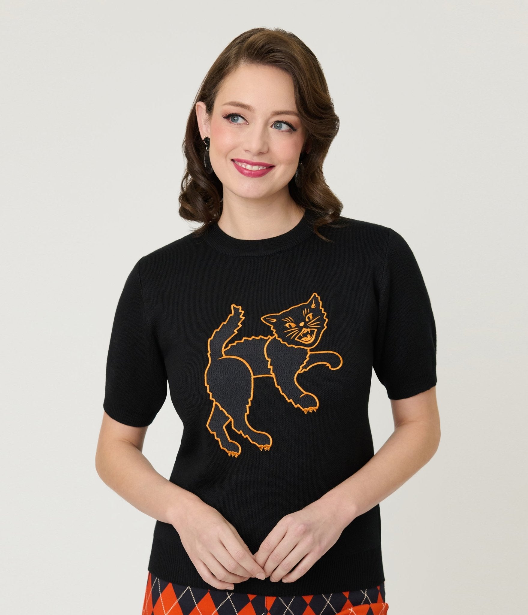 Black Scaredy Cat Knit Sweater - Unique Vintage - Womens, TOPS, SWEATERS