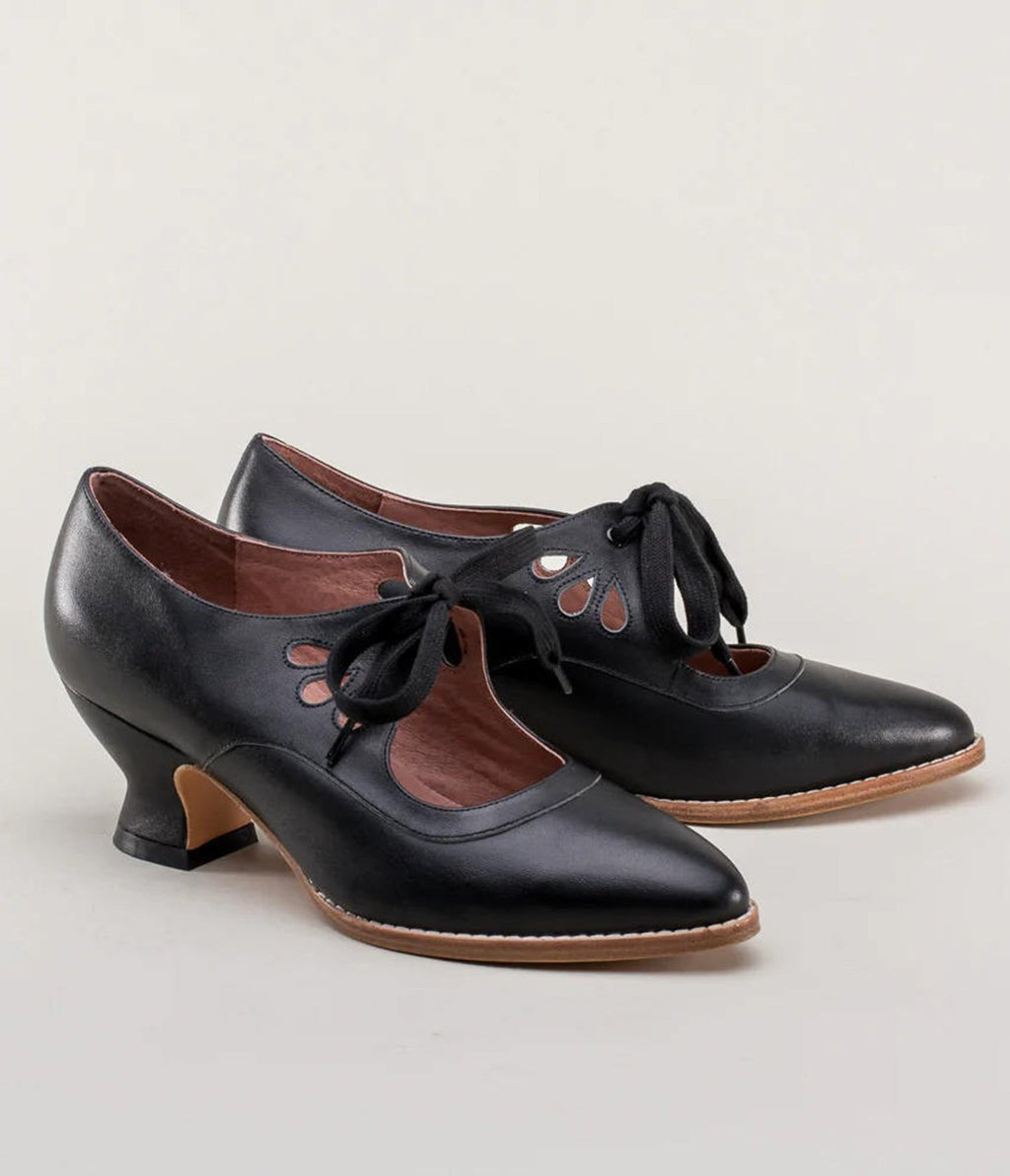 Black Self Tie Mary Jane Heels - Unique Vintage - Womens, SHOES, HEELS