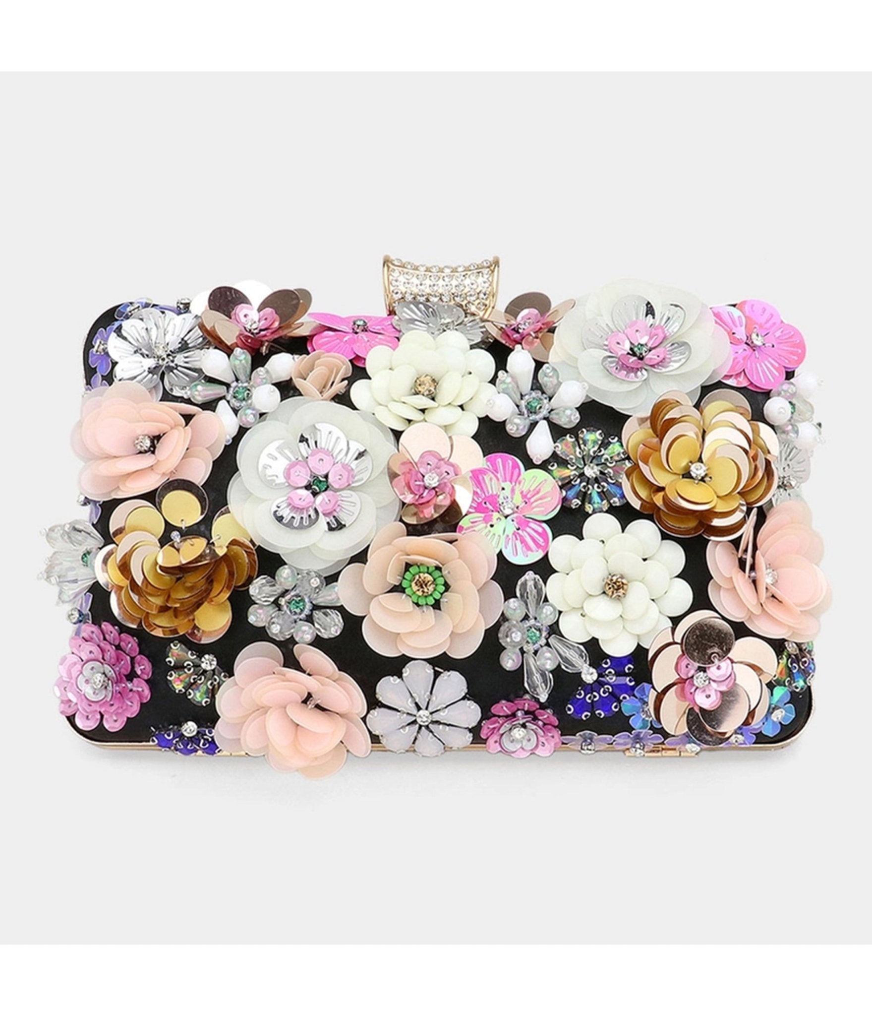 Black Sequin Floral Embellished Clutch - Unique Vintage - Womens, ACCESSORIES, HANDBAGS